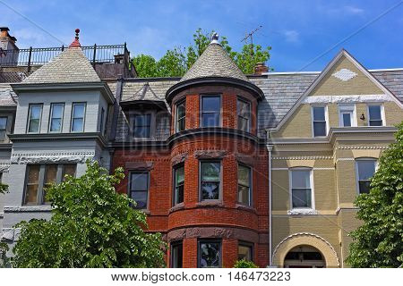 Luxury townhouses near Dupont Circle in US capital. Residential architecture of Washington DC USA.