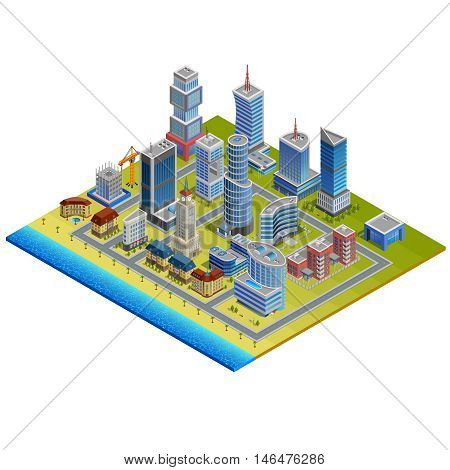 Isometric city with modern and historic buildings near beach and sea on white background vector illustration