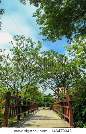 brown bridge in the flower garden in daylight