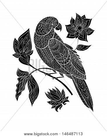 Fantasy bird. Parrot with fantasy flowers hand drawn. Vector illustration. Folk design. Line art. T-shirt designs.