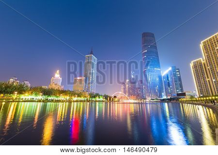 night view of tianjin beautiful haihe river with central business district China