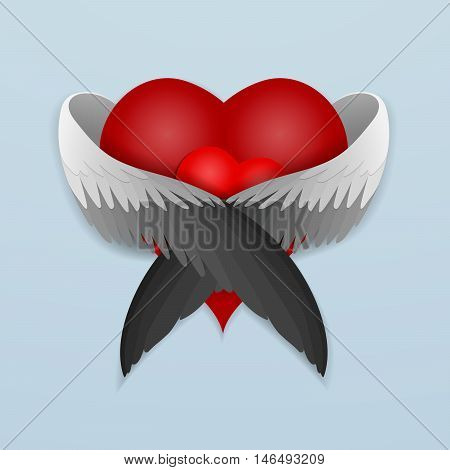 Red heart with wings lovingly hugging heart. Vector illustration