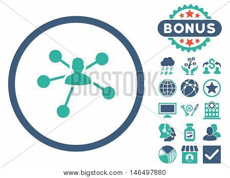 Person Relations icon with bonus. Vector illustration style is flat iconic bicolor symbols, cobalt and cyan colors, white background.
