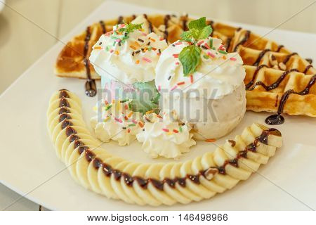 Banana ice cream and waffle sauce chocolate