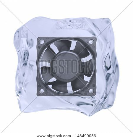 An irregularly shaped ice cube with fan is released on a white background.