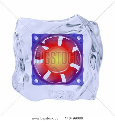 An irregularly shaped ice cube with fan is released on a white background.