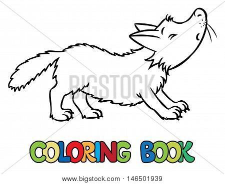Coloring book or coloring picture of lttle funny howling wolf. Children vector illustration
