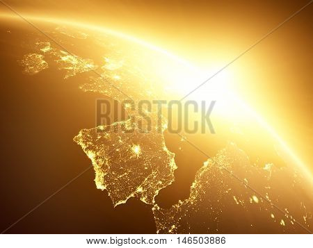Yellow sunrise, sunburst, future earth seen froom space, yellow glow effect. 3D render.