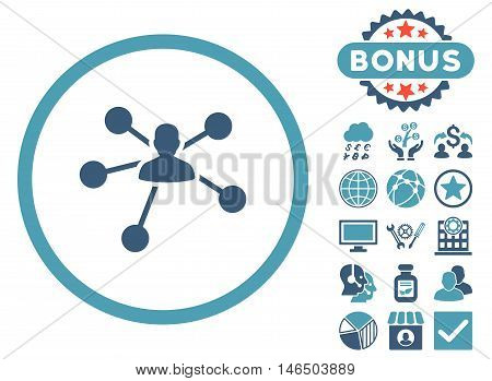 Person Relations icon with bonus. Vector illustration style is flat iconic bicolor symbols, cyan and blue colors, white background.