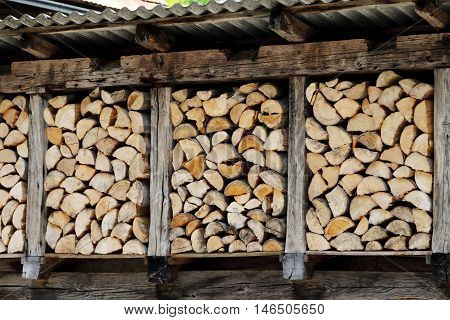 chopped firewood stacked up nicely in a storage