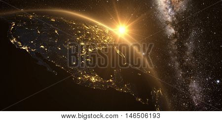 Yellow sunrise, sunburst, future earth seen froom space, yellow glow effect. 3D render.