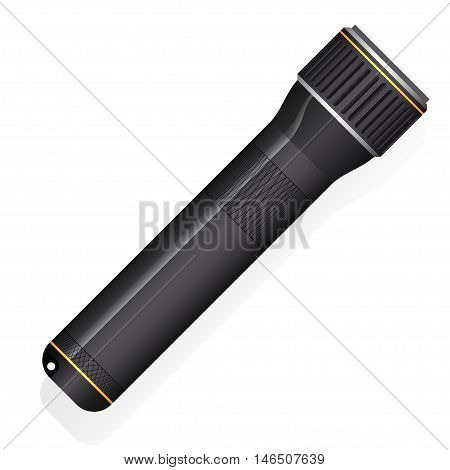 Black metal flashlight isolated on white background.