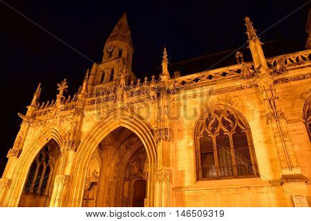 Poissy; France - august 20 2016 : the picturesque collegiate church in the night