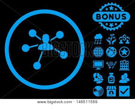 Person Relations icon with bonus. Vector illustration style is flat iconic symbols, blue color, black background.