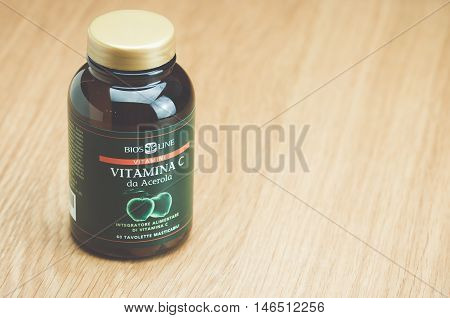 Inverigo Italy - September 10 2016: BIOS LINE C vitamin tablets nutritional supplement in a glass bottle