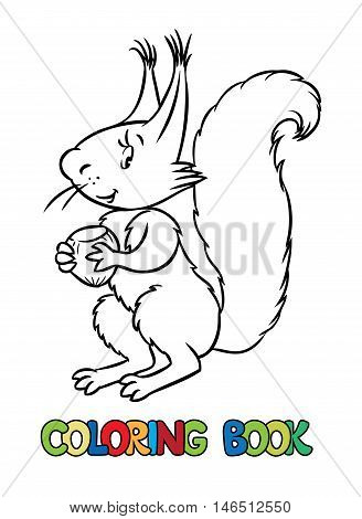 Coloring book or coloring picture of litle funny squirrel with a nut. Children vector illustration