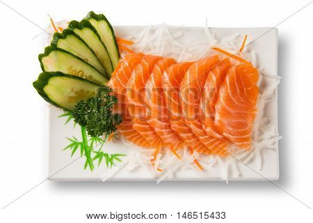 Salmon sashimi with withe plate isolated on white background