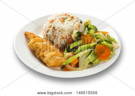 view of fried fish with rice and vegetables on white big plate in white background