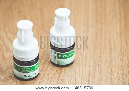 Inverigo Italy - September 10 2016: SOFAR ENTEROLACTIS drinkable lactobacillus casei nutritional supplement in a disposable bottle