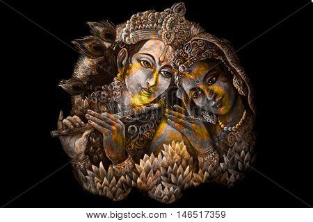 krishna radha couple with sacred symbol, graphic from handpainted original.