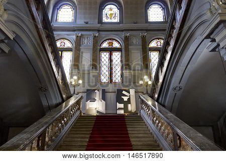 MILAN, ITALY - APRIL 16 2015: Monumental staircase of the historic Palazzo Arese Litta in Milan Italy