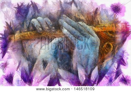 hands of lord krishna playing flute, detail with lotus pattern.