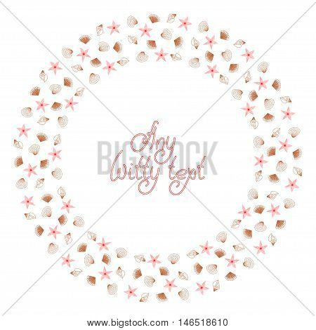 Cute funny background pattern border frame with many repeating sea shells and stars isolated on the white fond. With space for invitations or different events greeting cards text. Vector illustration eps 10