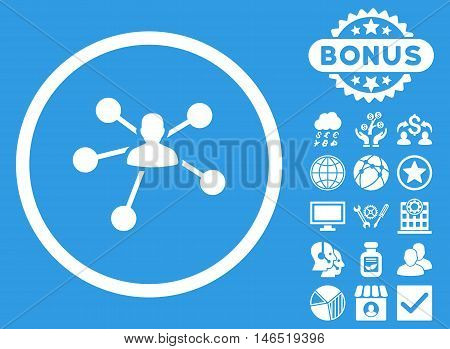 Person Relations icon with bonus. Vector illustration style is flat iconic symbols, white color, blue background.