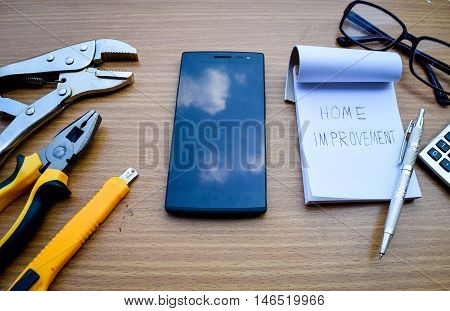 Close Up Tools On Wooden Background For Texture