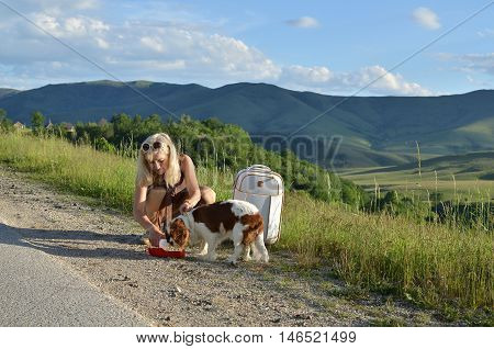 Woman giving her dog water from a dog's water container on a mountain road on sunny day