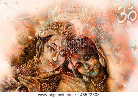 krishna radha couple with sacred symbol, graphic from handpainted original.
