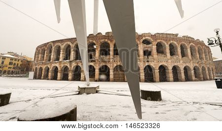 The Arena di Verona in winter while it snows (I-III century). (UNESCO world heritage site). Veneto Italy Europe
