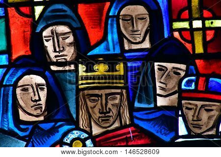 Poissy France - august 6 2016 : stained glass window of the historical collegiate church where the king Saint Louis was baptised