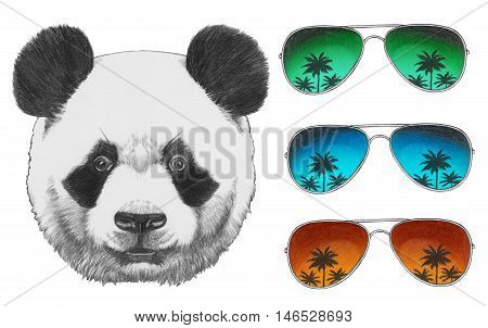 Original drawing of Panda with mirror sunglasses. Isolated on white background.