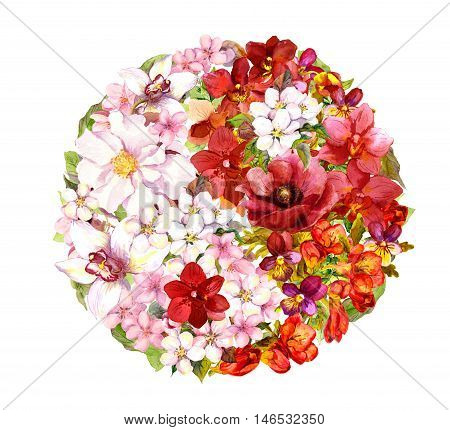 Yin yang sign with flowers. Floral form yinyang. Red and white watercolor