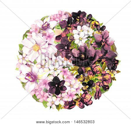 Yin yan, ying yang symbol with flowers. Black and white watercolor