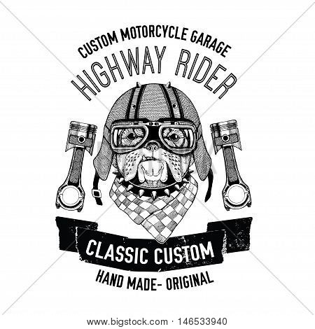 Biker quote with dog for garage, service, t-shirt, spare parts Vector hand drawn image