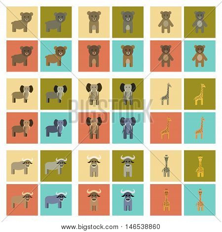 assembly of flat icons nature giraffe bull bear elephant