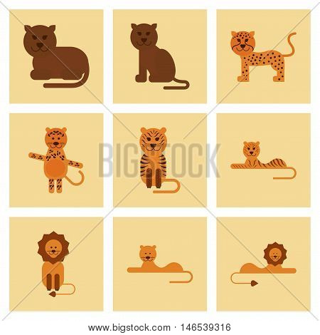 assembly of flat icons nature cartoon tiger lion panther leopard. Vector.