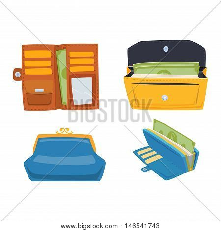 Open purse leather wallet with money shopping. Shopping buy change business currency leather open purse wallet. Financial one payment bag accessory object open purse trendy wallet vector.