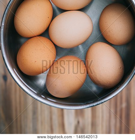 Directly above shot of pan with boiled eggs
