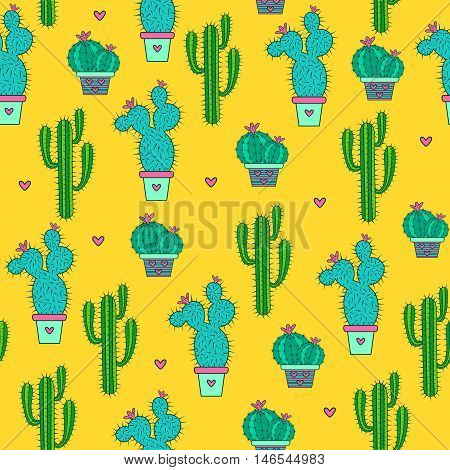 Cactuses seamless pattern on a yellow background. Vector illustration