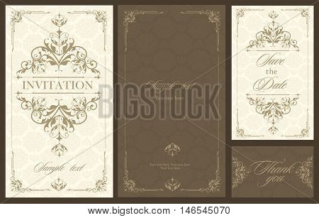 Wedding invitation vintage card with floral and antique decorative elements. Vector illustration
