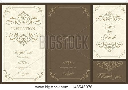Wedding invitation vintage card with floral and antique decorative elements. Vector illustration