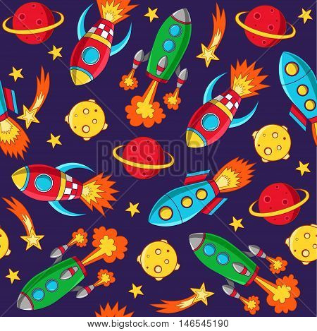 Rockets seamless pattern. Background with rockets, planets and stars. Vector illustration