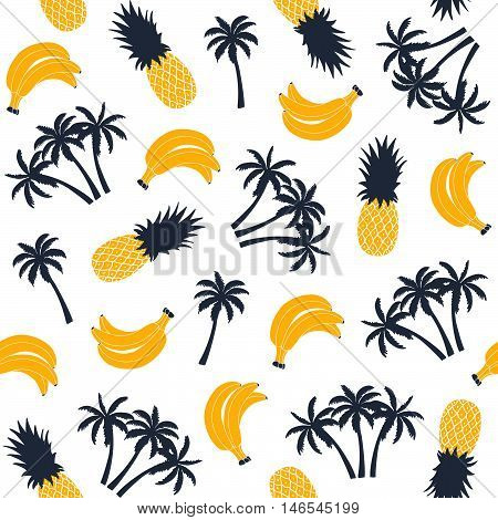 Palm tree with banana and pineapple, seamless pattern. Vector illustration