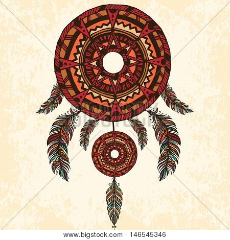 Ethnic dreamcatcher, feathers. Hand drawn vector illustration