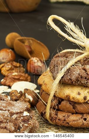 Mixed Cookies on wooden table. Homemade biscuits for breakfast. Food preparation.