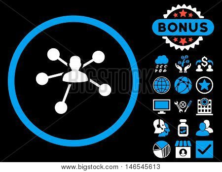 Person Relations icon with bonus. Vector illustration style is flat iconic bicolor symbols, blue and white colors, black background.