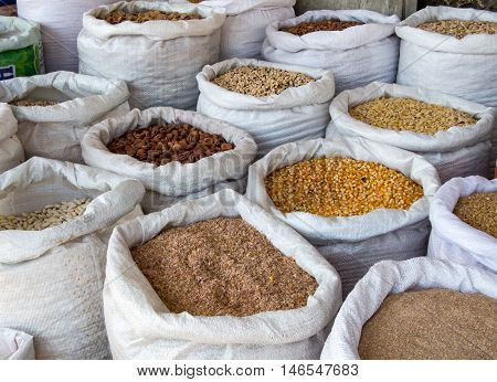 Sacks of grain and cereals in bulk.